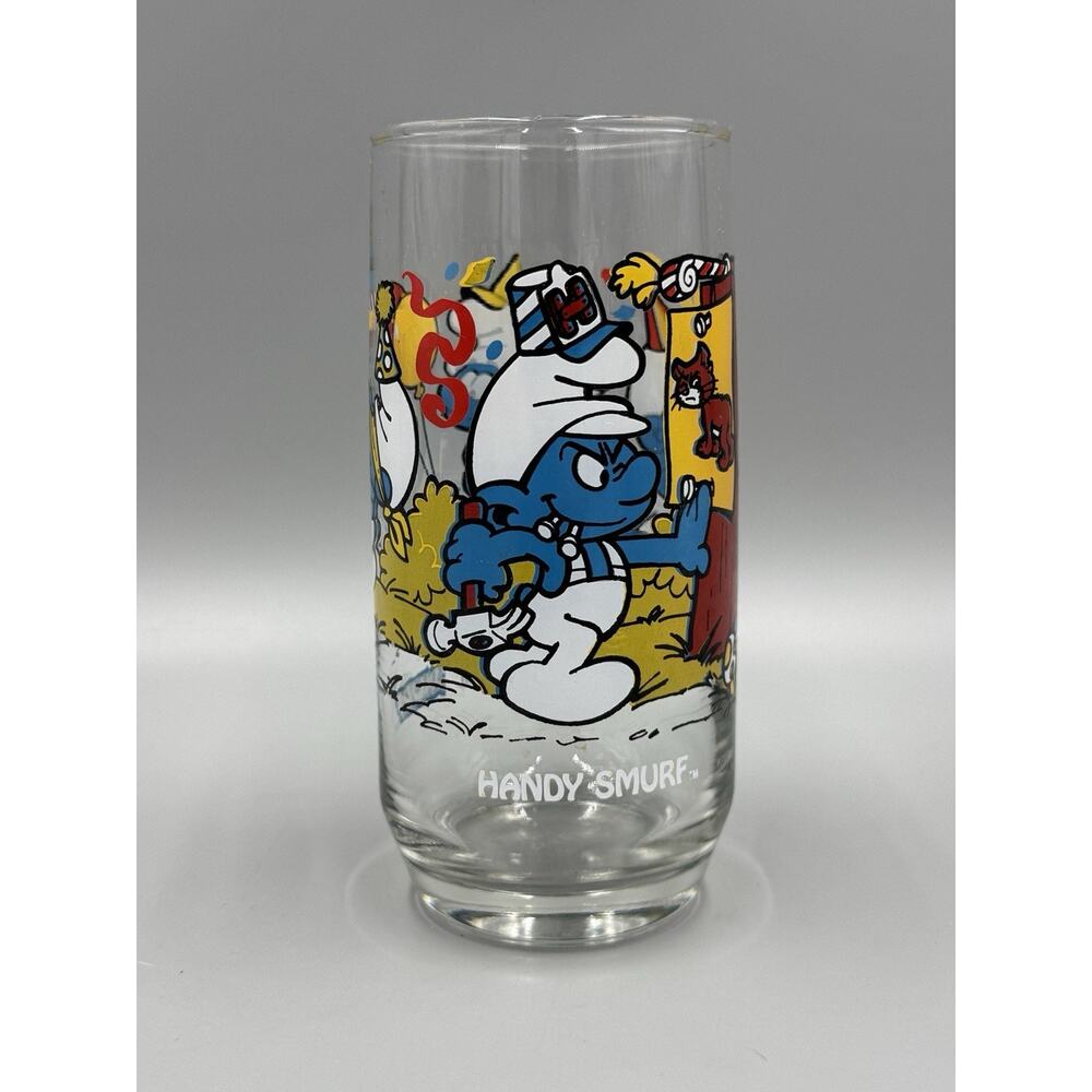 Vintage 1983 Smurfs Handy Smurf Drinking Glass Russ Berrie Peyo